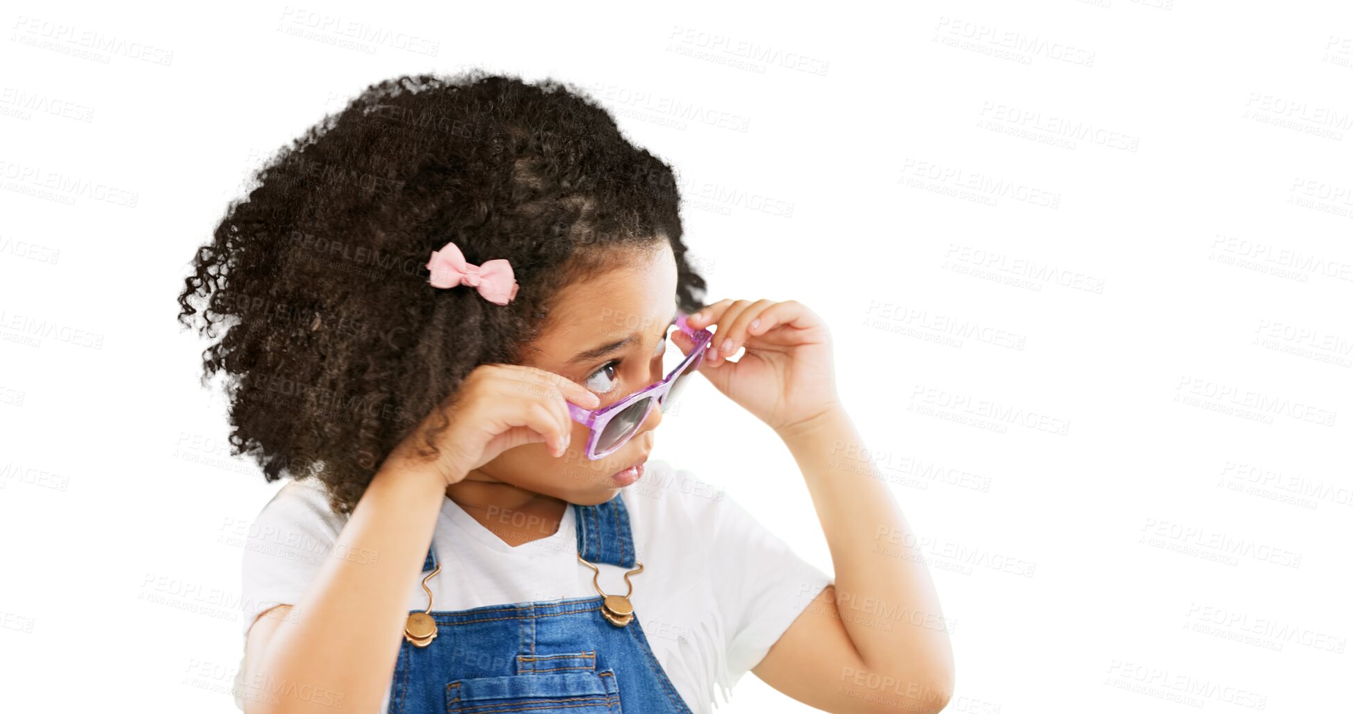 Buy stock photo Sunglasses, fashion and girl looking with attitude on isolated, png and transparent background. Emoji, adorable and cute child with trendy clothes, style and accessories for funny, comic and humor