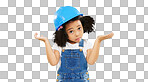 Confused, why and child portrait with decision, question and uncertain with hardhat. Construction, play and girl with choice and doubt with builder costume isolated on transparent, png background

