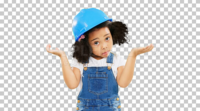 Buy stock photo Hardhat, why and child portrait with decision, confused question and uncertain. Construction shrug, play and girl with choice and doubt with builder costume isolated on transparent png background