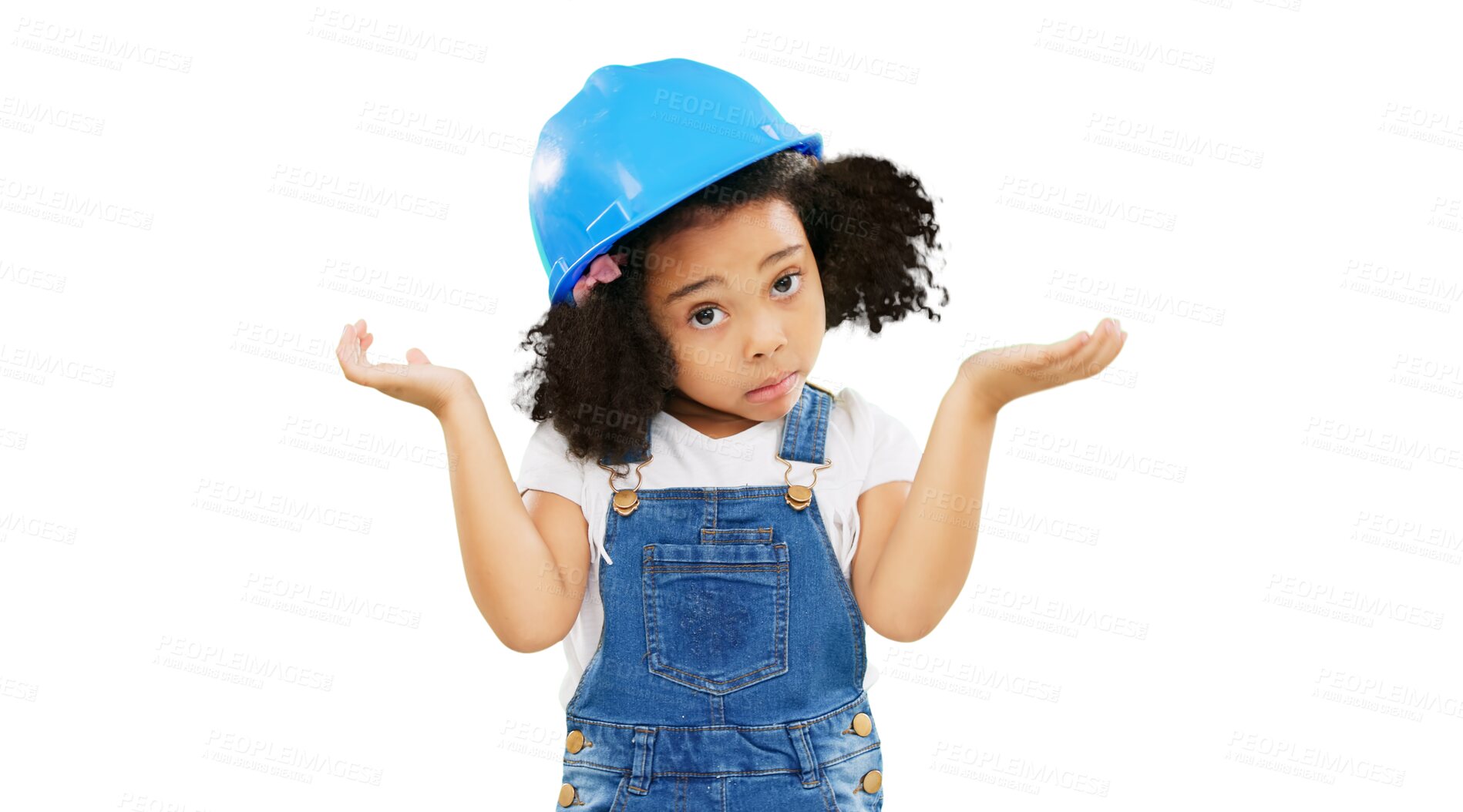 Buy stock photo Hardhat, why and child portrait with decision, confused question and uncertain. Construction shrug, play and girl with choice and doubt with builder costume isolated on transparent png background