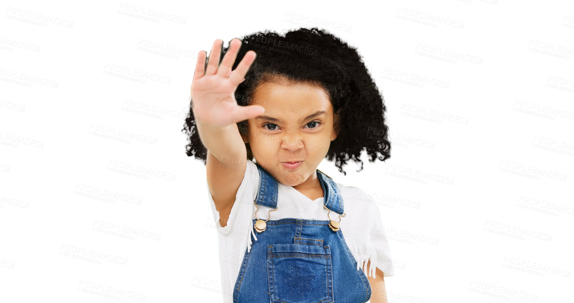 Buy stock photo Stop, palm and girl child in portrait, warning and fight with caution isolated on transparent png background. Young female kid, hand gesture and danger with protest, conflict and deny with no entry