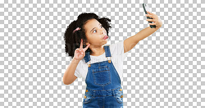 Silly little girl, selfie and peace sign on green screen with goofy facial expressions against a studio background. Female child or kid making funny face with hand sign for photo or vlog on mockup