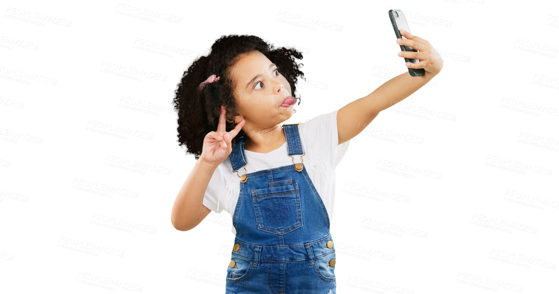 Buy stock photo Silly little girl, selfie and peace sign with goofy facial expressions isolated on a transparent PNG background. Child or kid making funny face with v hand sign in photography, vlog or social media