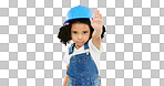 Stop, construction and face of a child on a green screen isolated on a studio background. Safety, security and portrait of a girl kid with a warning hand for building, renovation and maintenance