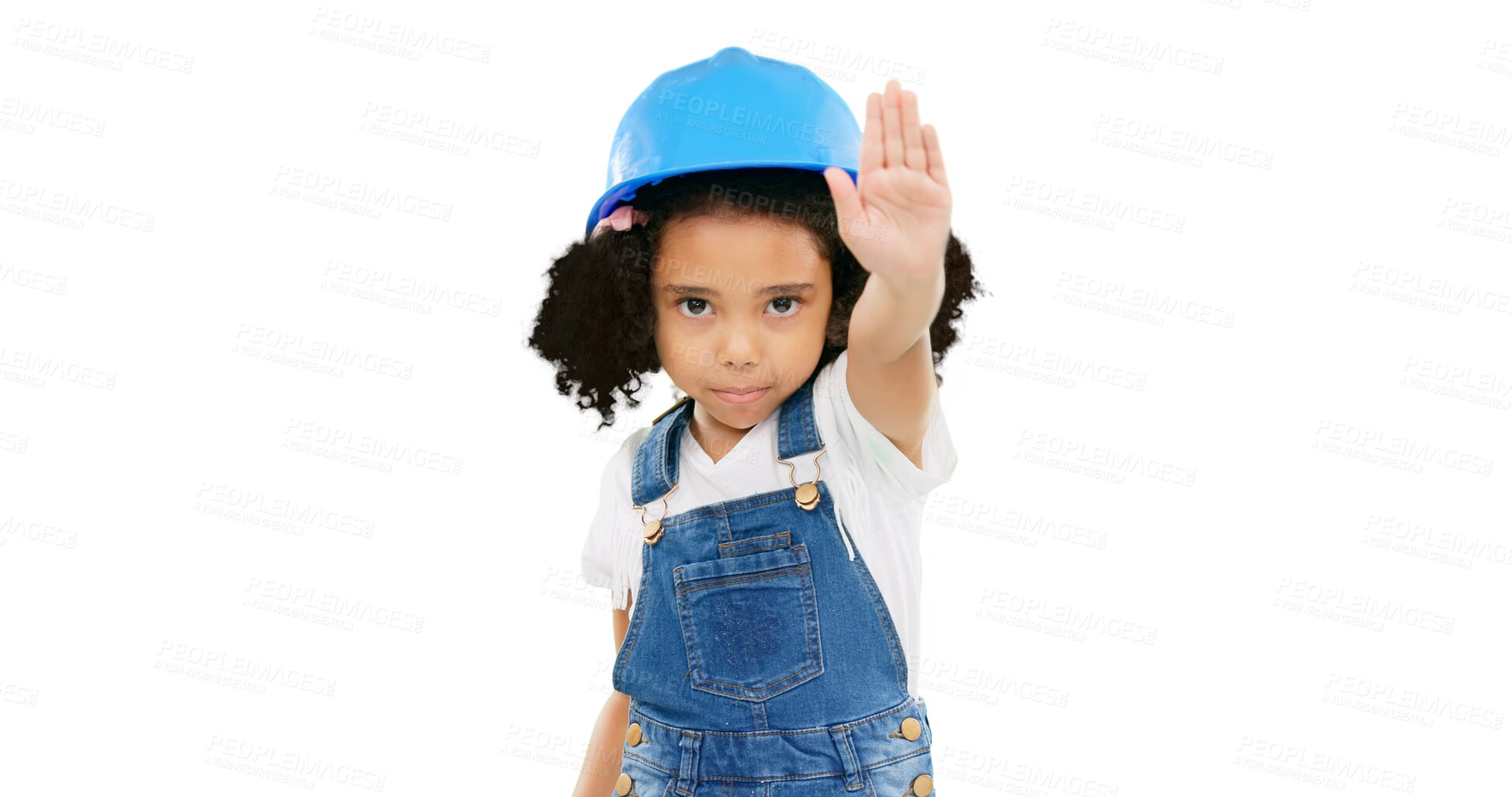 Buy stock photo Stop, construction and face of child architect with hand sign in no or halt isolated on a transparent PNG background. Safety and portrait of little girl or kid with warning for building or renovation