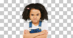 Child, angry and face with arms crossed on green screen with attitude, problem or frustrated in studio. Black kid or girl with mad, grumpy and upset or annoyed facial expression with brat tantrum