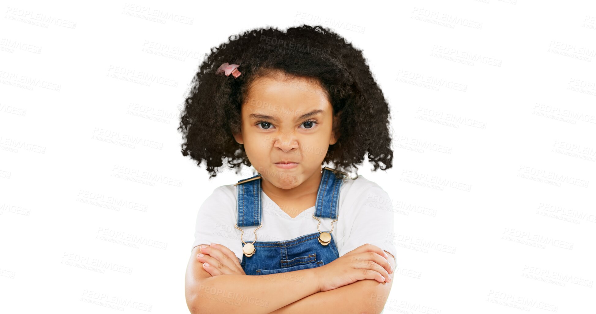 Buy stock photo Girl, kid and arms crossed, angry face and frustrated with conflict isolated on png transparent background. Anger, negative emotions and facial expression with young female child, defensive and fight