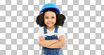 Little girl, face and smile in construction on green screen with safety helmet and arms crossed against a studio background. Portrait of small and happy child architect smiling on chromakey mockup