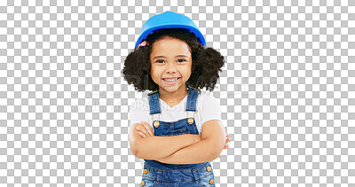 Buy stock photo Little girl, architect and portrait smile in construction with safety helmet isolated on a transparent PNG background. Small, happy and young child or kid contractor with arms crossed in architecture