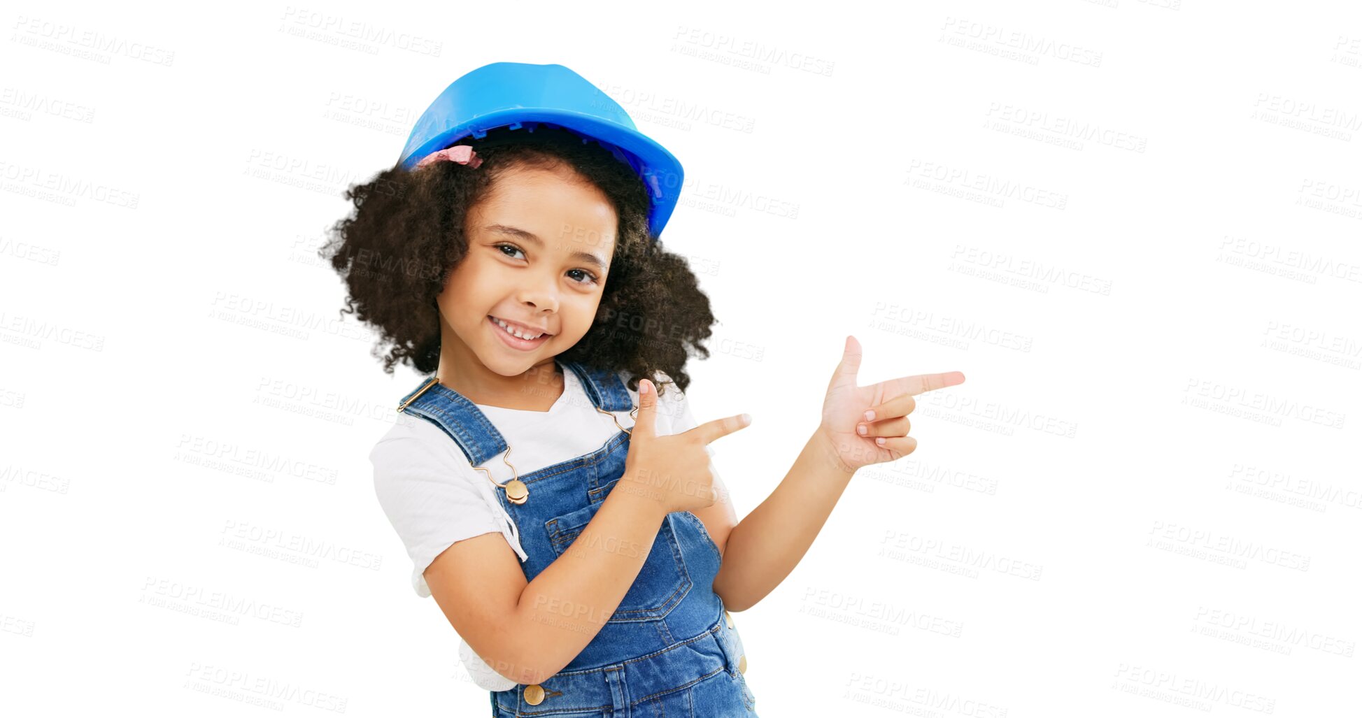 Buy stock photo Children, construction and portrait of little girl pointing isolated on a transparent PNG background. Happy child, kid or architect with safety helmet smile in building, advertising or marketing