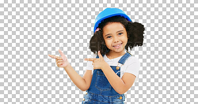 Buy stock photo Kids, construction and portrait of little girl pointing isolated on a transparent PNG background. Happy child, architect or contractor smile in advertising architecture or building with safety helmet