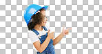 Children, construction worker and a girl on green screen background in studio pointing at building space. Kids, architecture or design with a cute female child engineer wearing a hardhat on chromakey