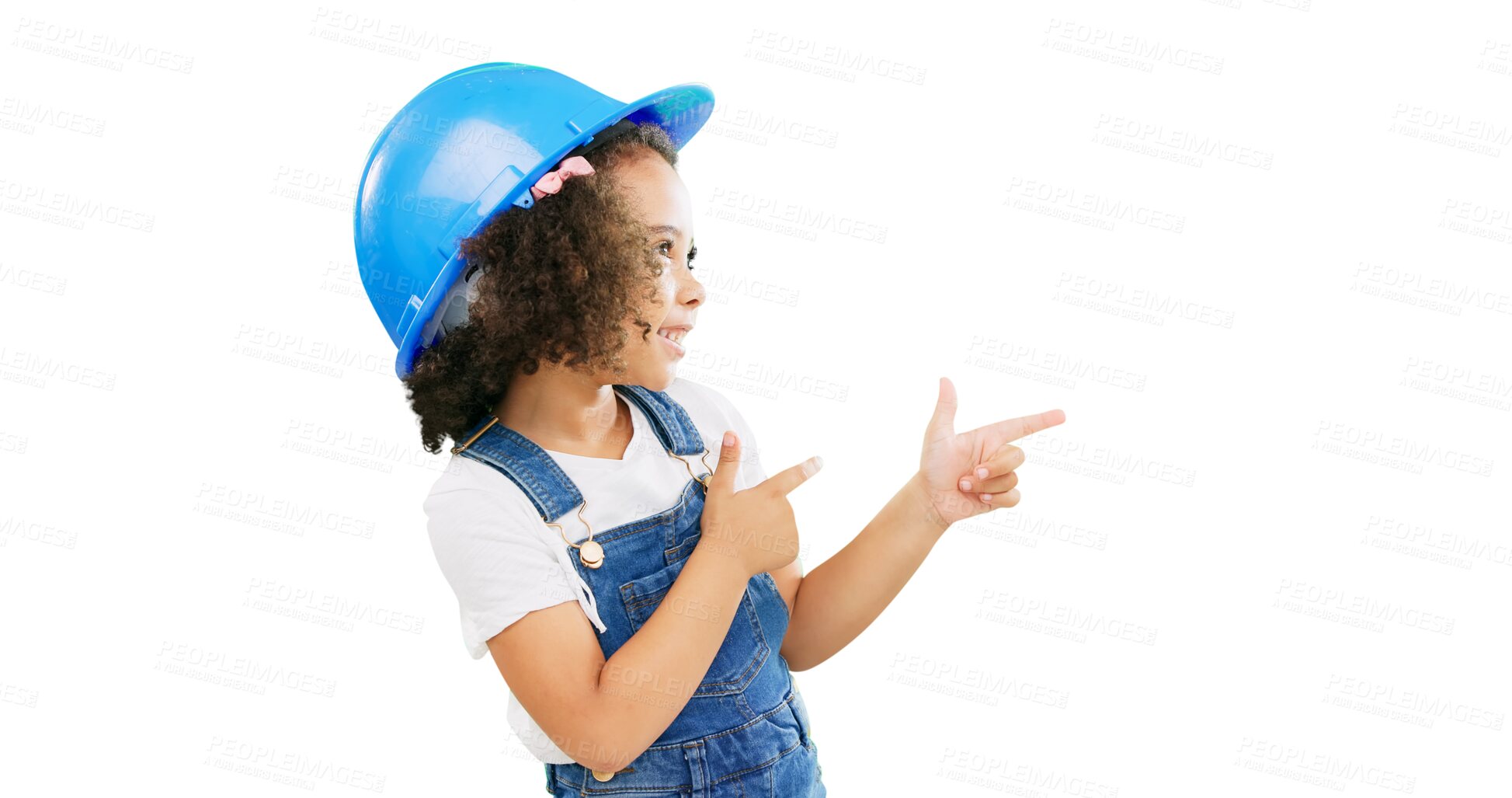 Buy stock photo Child, construction worker and finger guns of girl isolated on a transparent, png background. Kids, builder and happy with a cute female youth engineer wearing a hardhat for safety and costume