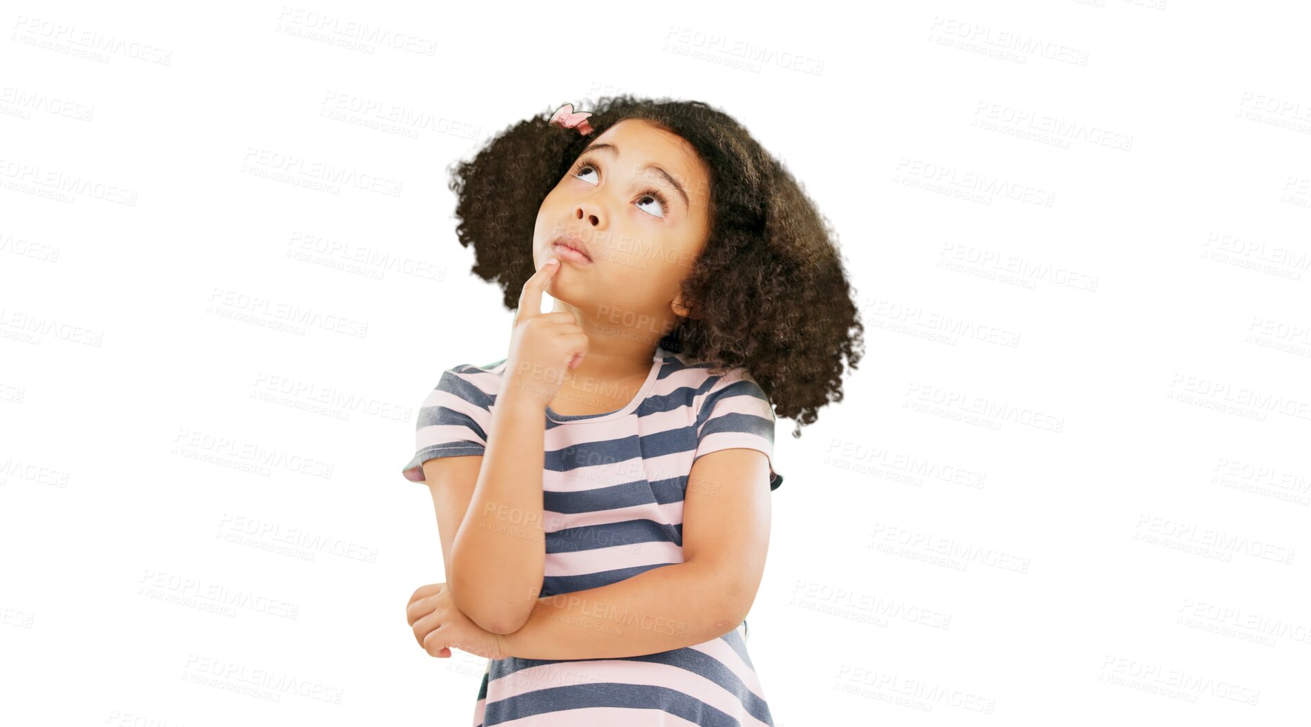 Buy stock photo Thinking, idea and girl with a planning decision isolated on a transparent, png background. Doubt, youth question and a confused child and kid thoughtful, contemplating and curious for future 