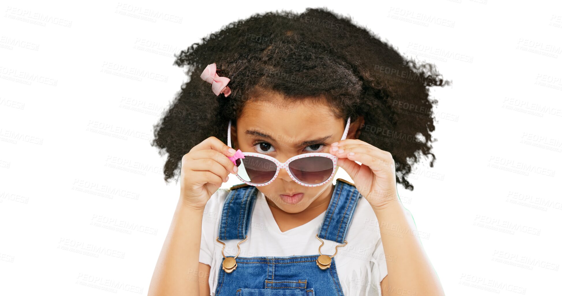Buy stock photo Sunglasses, fashion and portrait of girl looking on isolated, png and transparent background. Emoji, youth and face of cute child with trendy clothes, style and accessories for funny, comic and humor