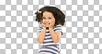 Cute, happy and the face of a child on a green screen isolated on a studio background. Smile, laughing and portrait of an adorable little girl looking cheerful, playful and expressing happiness