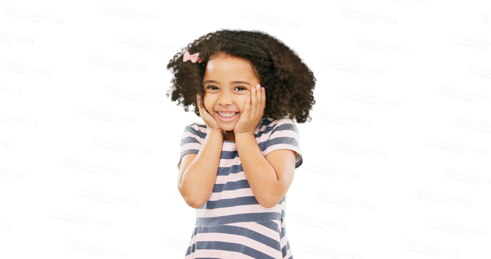 Buy stock photo Happy, excited and portrait of girl with smile on isolated, png and transparent background for fun. Summer, fashion and wow face of child with surprise expression for childhood, happiness and style
