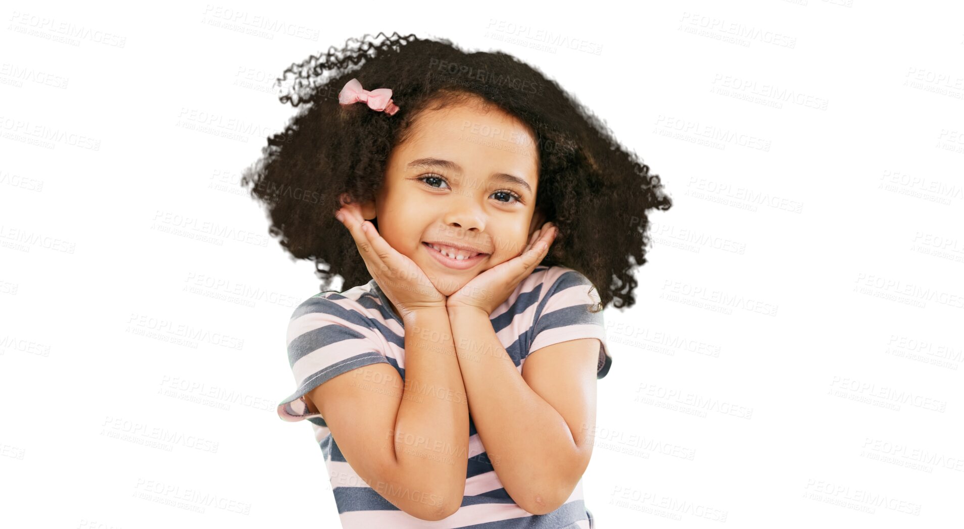 Buy stock photo Happy, cute and portrait of child with smile on isolated, png and transparent background. Kindergarten, fashion accessory and young girl with hands on face for childhood, happiness and adorable style