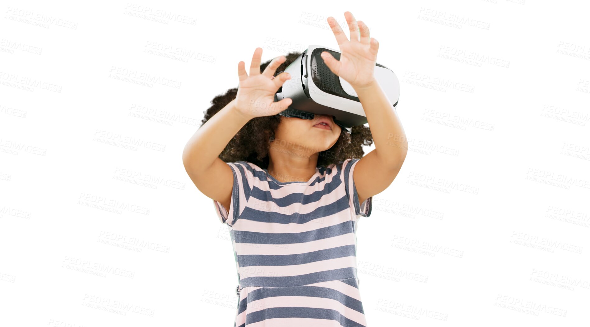 Buy stock photo Girl, kid and metaverse with virtual reality experience and future technology isolated on png transparent background. Gaming, streaming and digital world, young female child with UX and VR headset