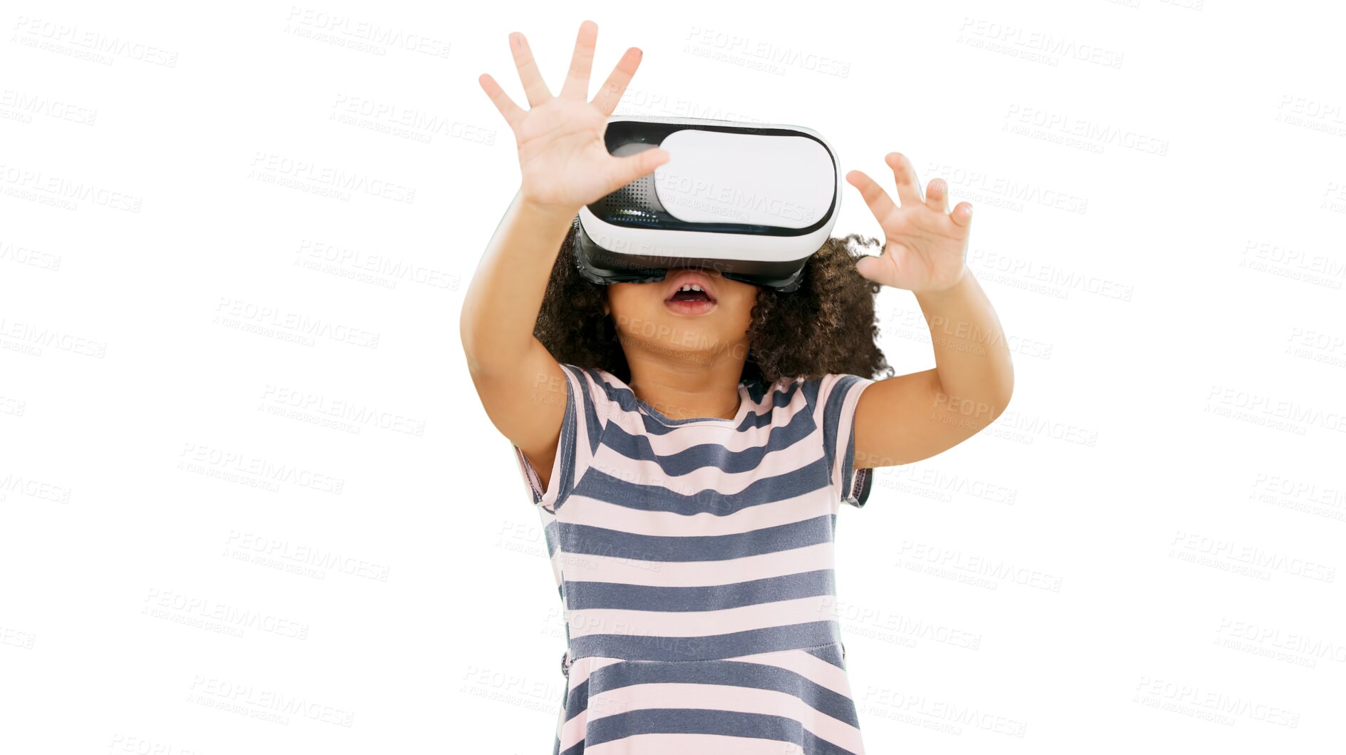 Buy stock photo Little girl, VR and metaverse for playing games or futuristic isolated on a transparent PNG background. Young child, kid or person in virtual reality on headset for gaming, innovation and technology