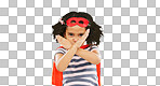 Superhero, child and stop sign on green screen with hands to fight crime with fantasy or cosplay costume. Girl power, hero and pretend game with strong kid x portrait to protect freedom and justice