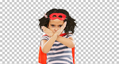 Buy stock photo Superhero, child and stop sign with hands to fight crime in cosplay costume isolated on a transparent PNG background. Little girl power, hero and strong kid x portrait to protect freedom and justice