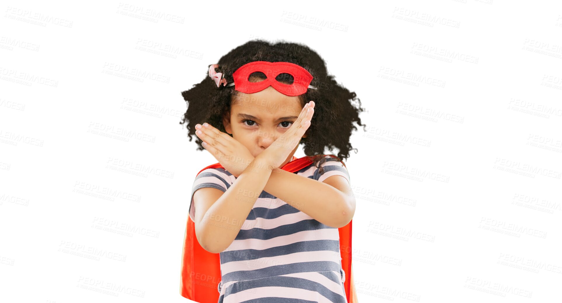 Buy stock photo Superhero, child and stop sign with hands to fight crime in cosplay costume isolated on a transparent PNG background. Little girl power, hero and strong kid x portrait to protect freedom and justice