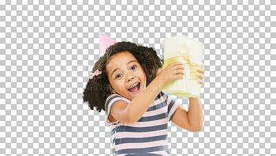 Gift box, excited girl and green screen of a happy child with a birthday present in a studio. Celebration, youth and happiness of a kid shaking a package with a smile and energy from party gifts