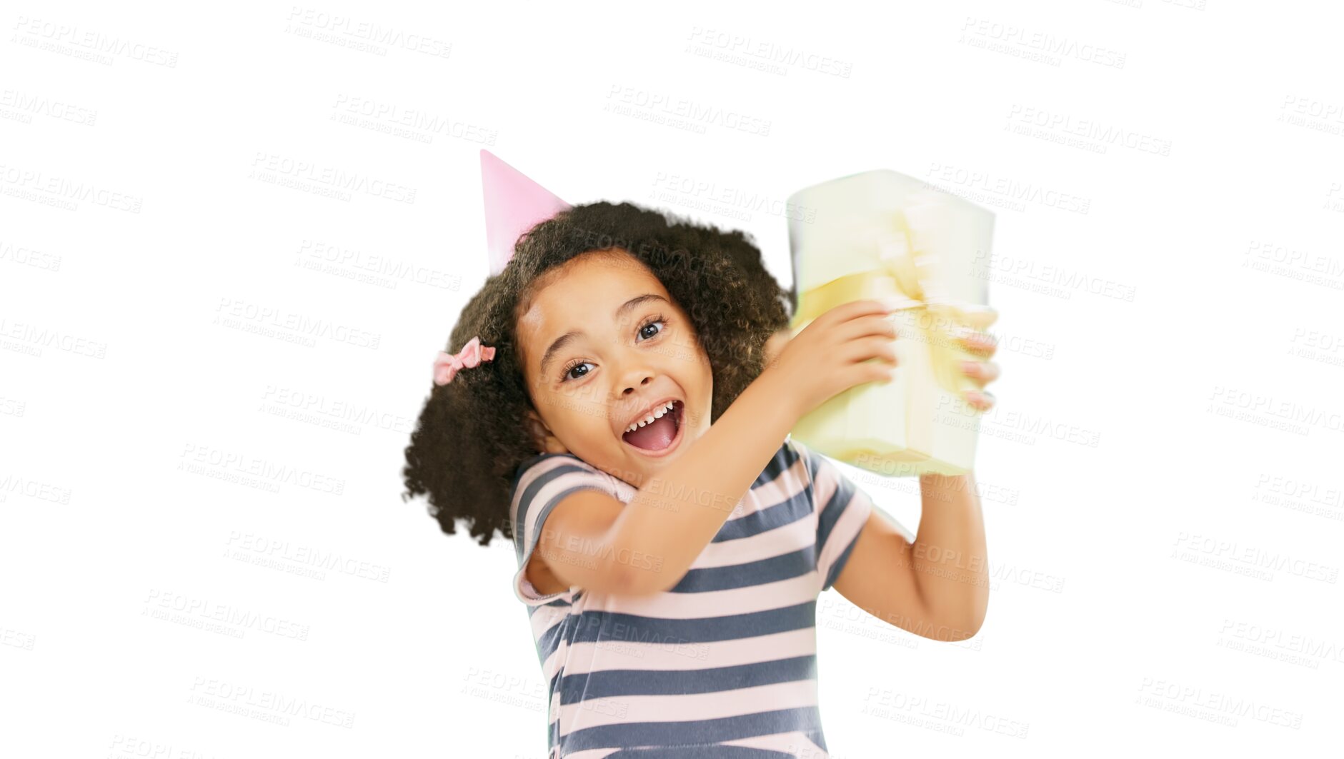 Buy stock photo Gift box, portrait and happy little girl on birthday celebration isolated on a transparent PNG background. Excited child or kid in youth and happiness shaking a package with smile for party presents