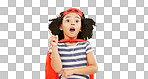 Thinking, superhero and child on green screen with idea stop crime and fight with fantasy or cosplay costume. Girl power, hero and pretend game with strong kid portrait to protect freedom and justice