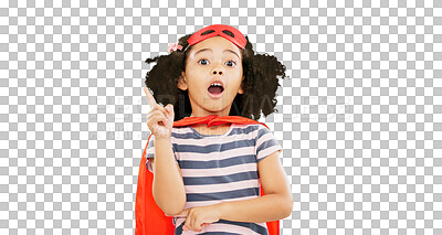 Buy stock photo Thinking, superhero and child with idea stop crime or fight in cosplay costume isolated on a transparent PNG background. Portrait of girl or kid with power or solution in protect, freedom or justice