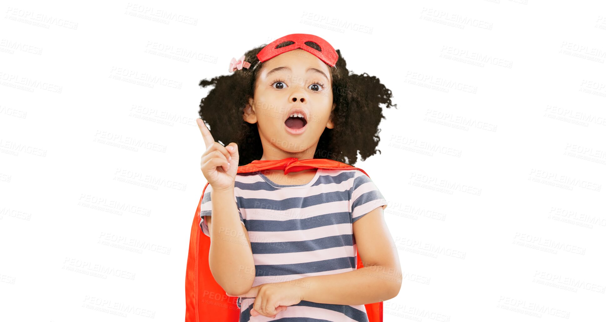 Buy stock photo Thinking, superhero and child with idea stop crime or fight in cosplay costume isolated on a transparent PNG background. Portrait of girl or kid with power or solution in protect, freedom or justice