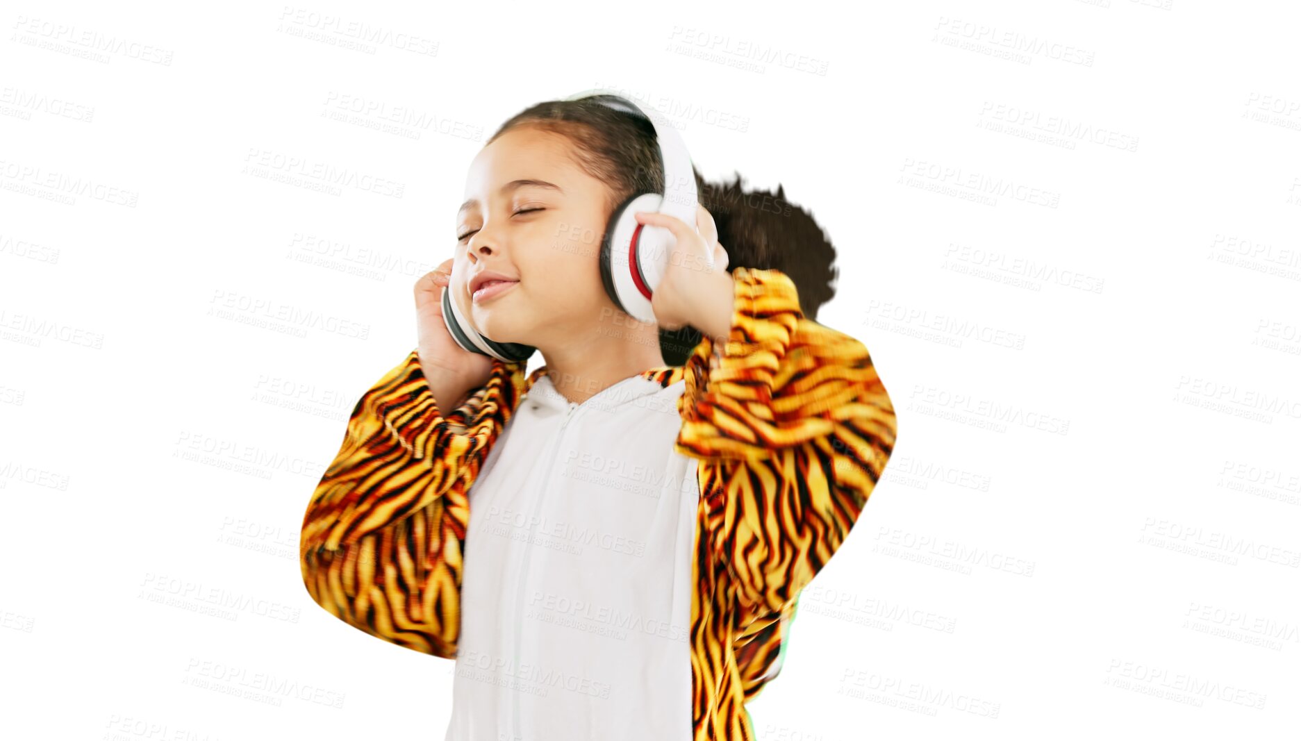 Buy stock photo Girl, kid and headphones, listening to music and audio streaming isolated on png transparent background. Wireless technology, peace and radio with young female child, sound and hip hop playlist