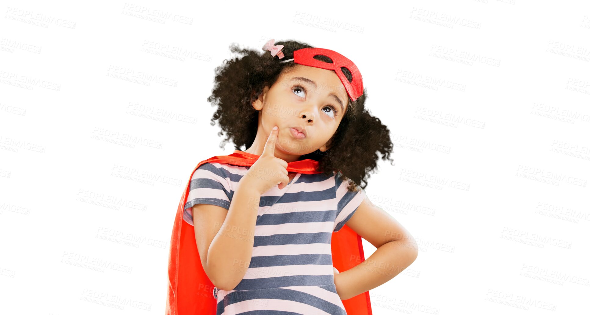 Buy stock photo Child, superhero and thinking to stop crime, fight or cosplay costume isolated on a transparent PNG background. Little girl power, hero or solution in wonder with idea for protect, freedom or justice