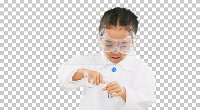 Science, test tube and child pour liquid on green background for learning, lesson and lab exam. Education, scientist and girl in ppe for scientific test, chemistry or research experiment in studio