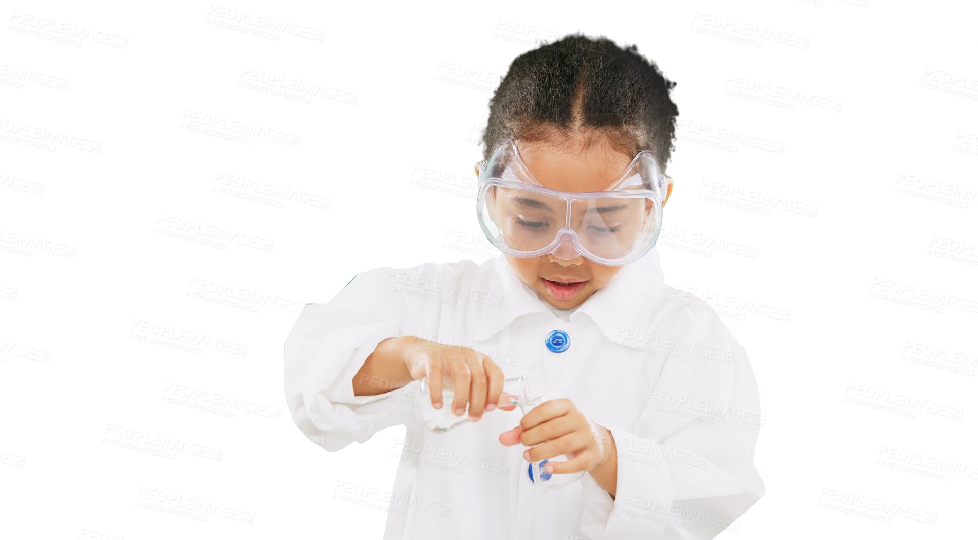 Buy stock photo Girl, child and science with chemical in beaker, learning to be a scientist isolated on png transparent background. Young female kid, dream and chemistry, education and knowledge with experiment