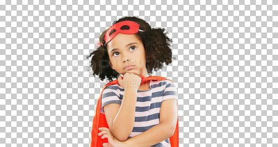 Green screen, superhero and child thinking of idea to stop crime and fight with fantasy or cosplay costume. Girl power, hero and pretend game with strong kid to protect freedom and justice with space