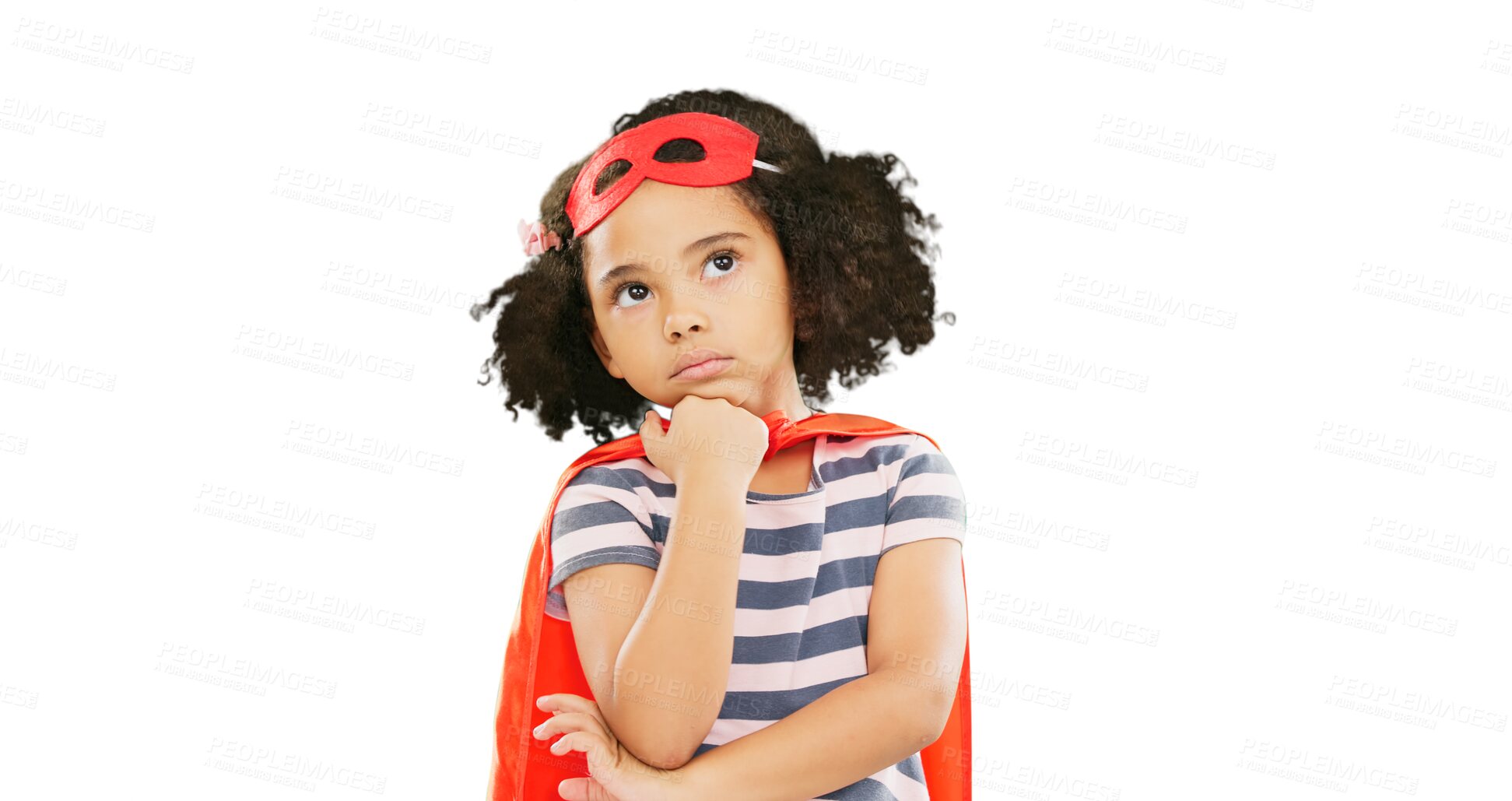 Buy stock photo Child, superhero and thinking with costume isolated to fight or stop crime in cosplay on a transparent PNG background. Child power, hero or solution in wonder from idea to protect, freedom or justice