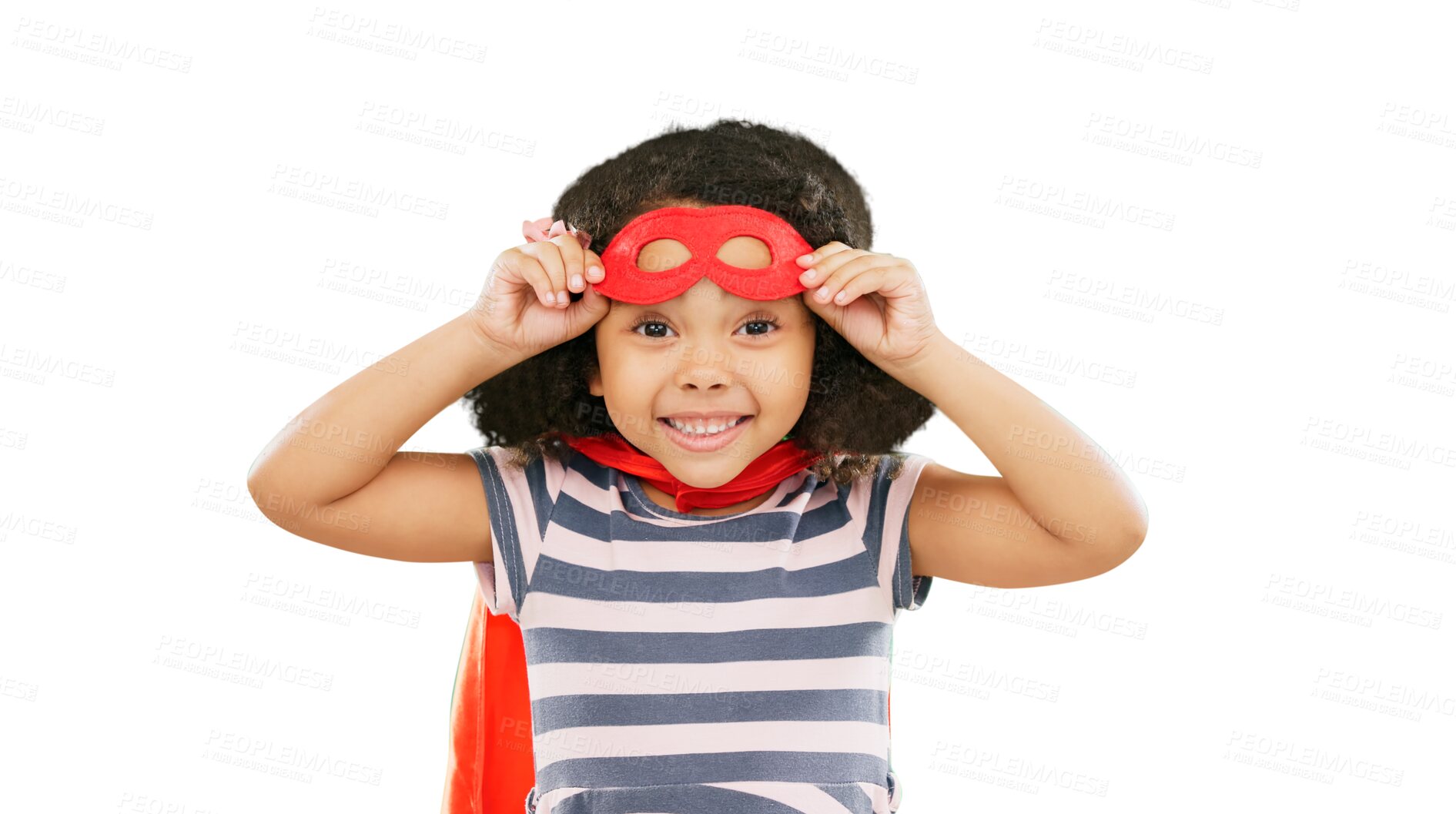 Buy stock photo Happy child, portrait and superhero with smile to fight crime in cosplay costume isolated on a transparent PNG background. Little girl power, hero and game of strong kid in freedom, justice and mask