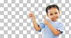 Happy, pointing and mockup with girl in studio for product placement, promotion and offer. Choice, launch and smile with portrait of child on green background for brand, advertisement and display