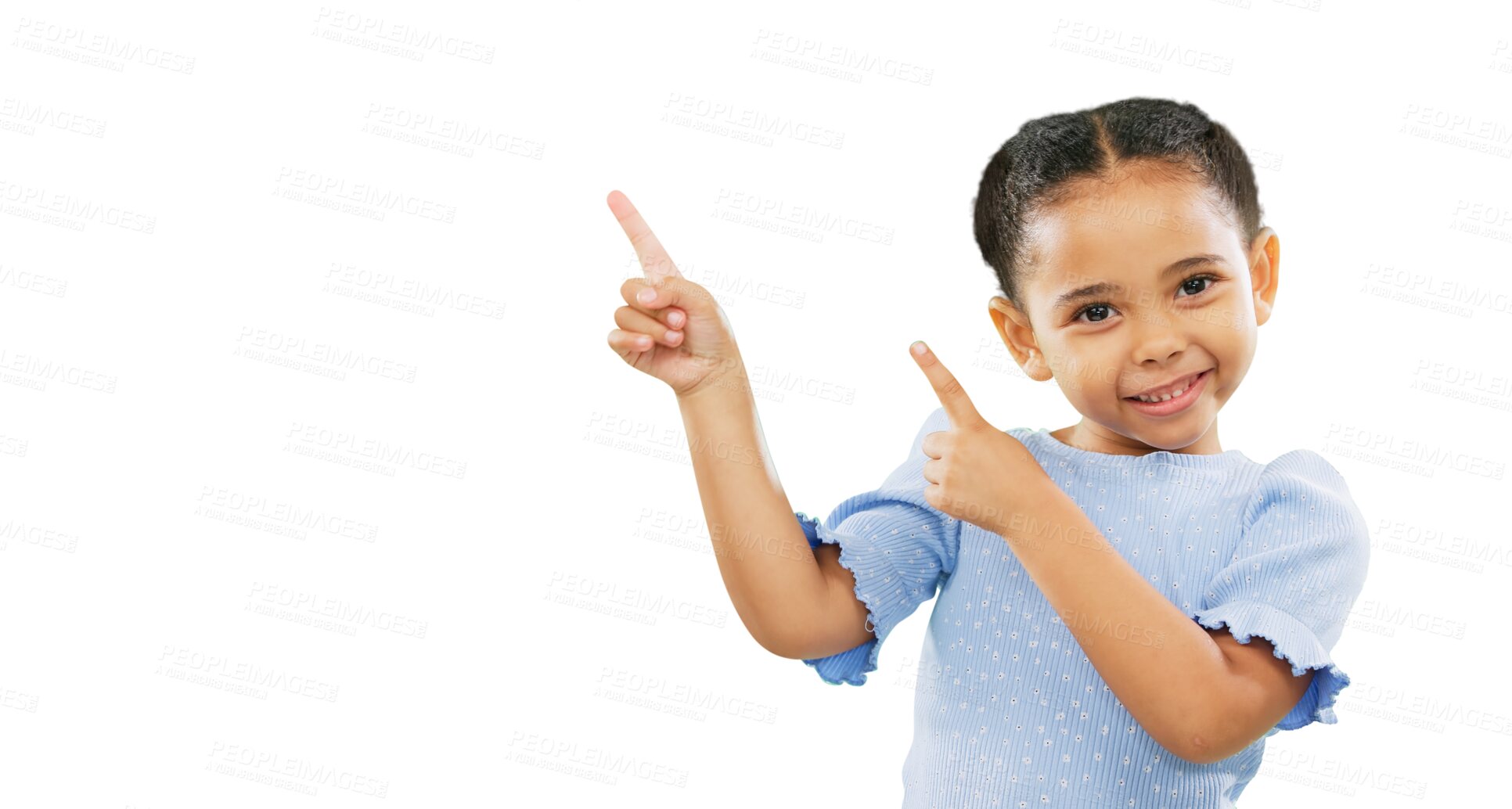 Buy stock photo Happy little girl, portrait and pointing for advertising, list or presentation isolated on a transparent PNG background. Child or kid smile in launch or choice for notification, discount or sale