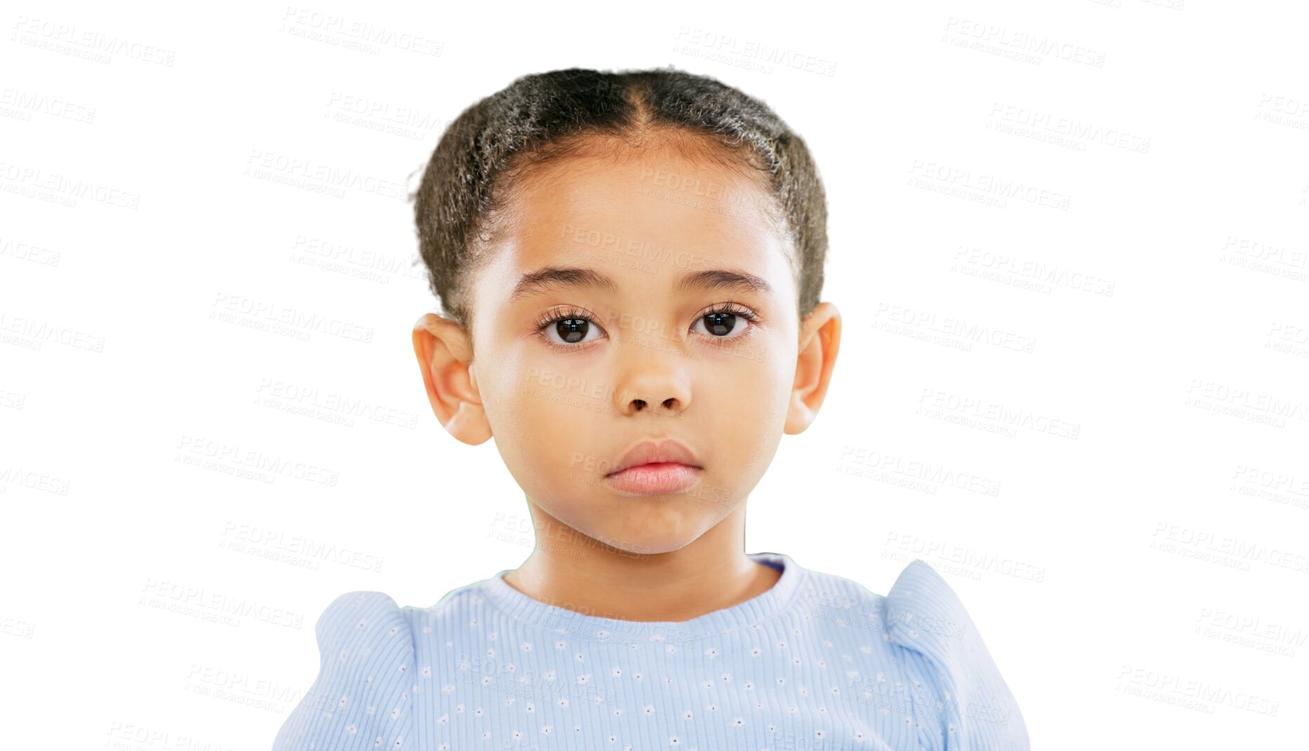 Buy stock photo Serious, face and girl, child with facial expression and unimpressed isolated on png transparent background. Looking, study and young female kid in a portrait and distrust with emoji and headshot