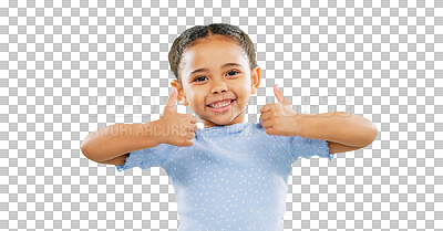 Buy stock photo Happy little girl, portrait and thumbs up in approval, agreement or winning isolated on a transparent PNG background. Young child or kid smile with hands in like emoji, yes sign or OK for agreement