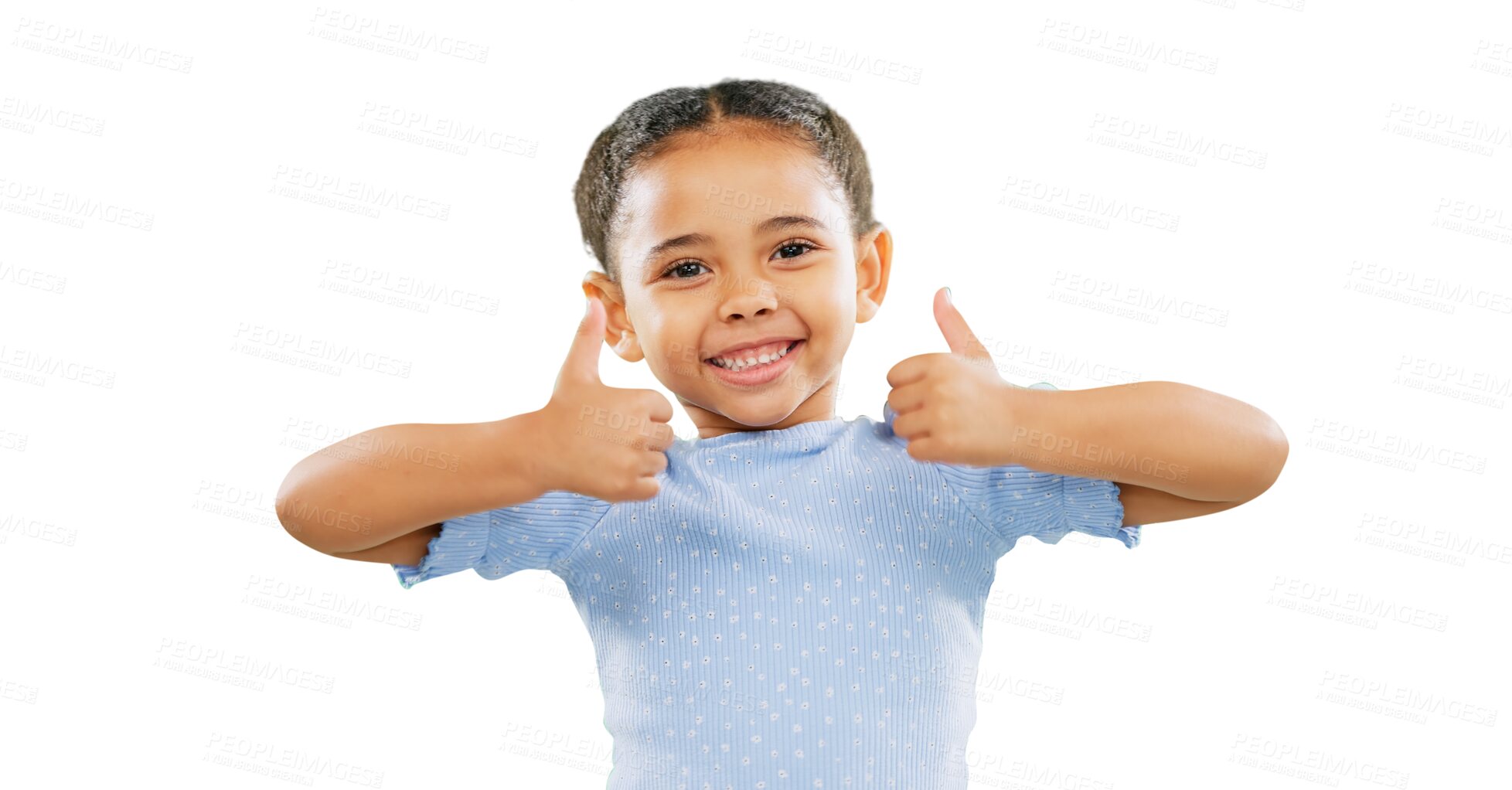 Buy stock photo Happy little girl, portrait and thumbs up in approval, agreement or winning isolated on a transparent PNG background. Young child or kid smile with hands in like emoji, yes sign or OK for agreement