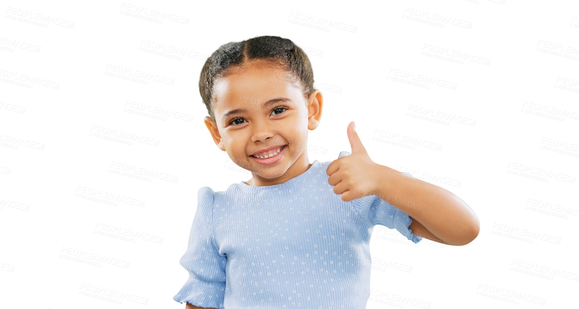 Buy stock photo Happy little girl, portrait and thumbs up in agreement or winning isolated on a transparent PNG background. Young child or kid smile with hands in like emoji, yes sign or OK for approval or thank you