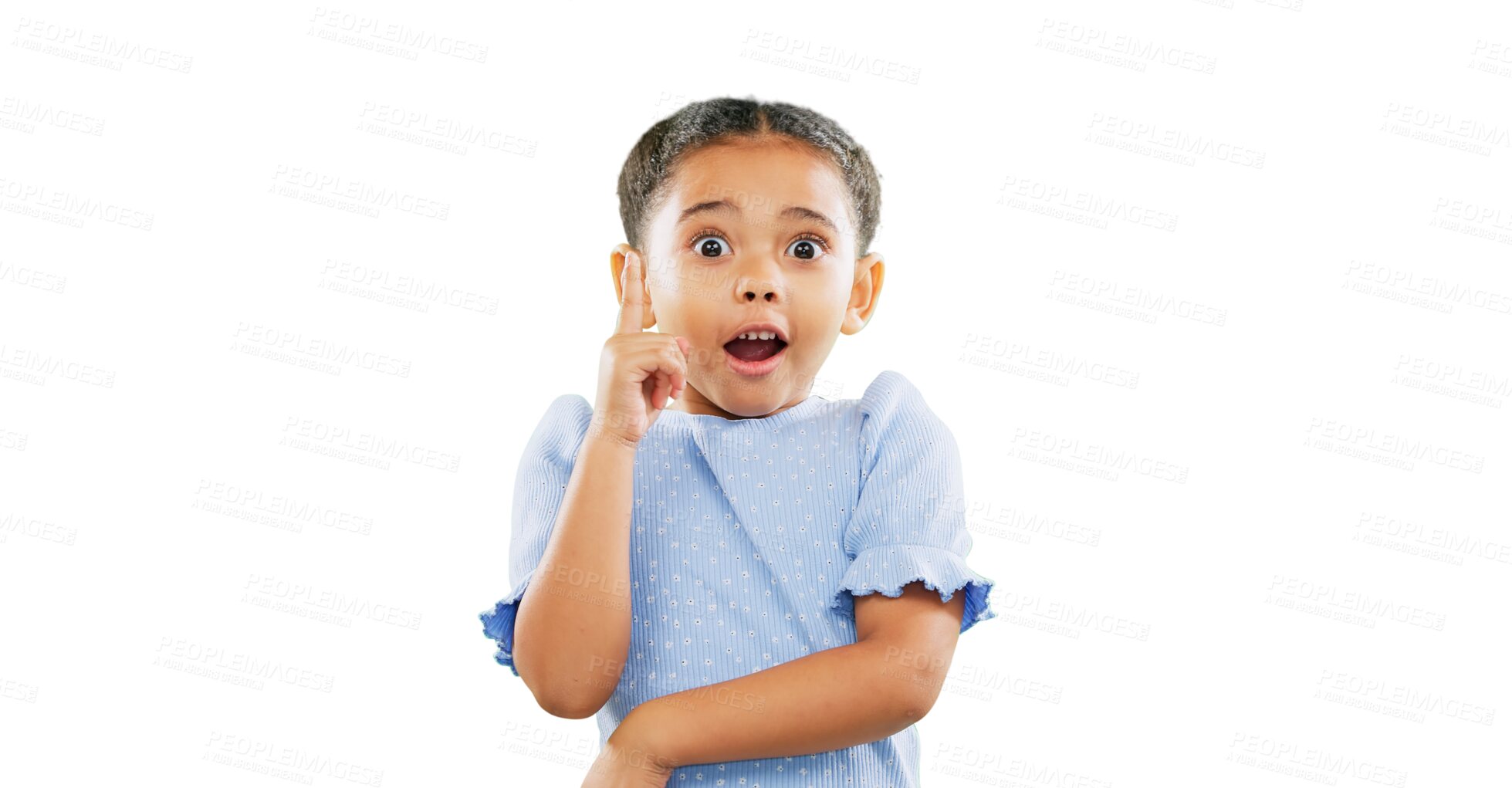 Buy stock photo Face, lightbulb or child with finger idea, answer or solution on isolated, transparent or png background. Portrait, biracial kid and curious girl with excited, surprised or wow hands for eureka emoji