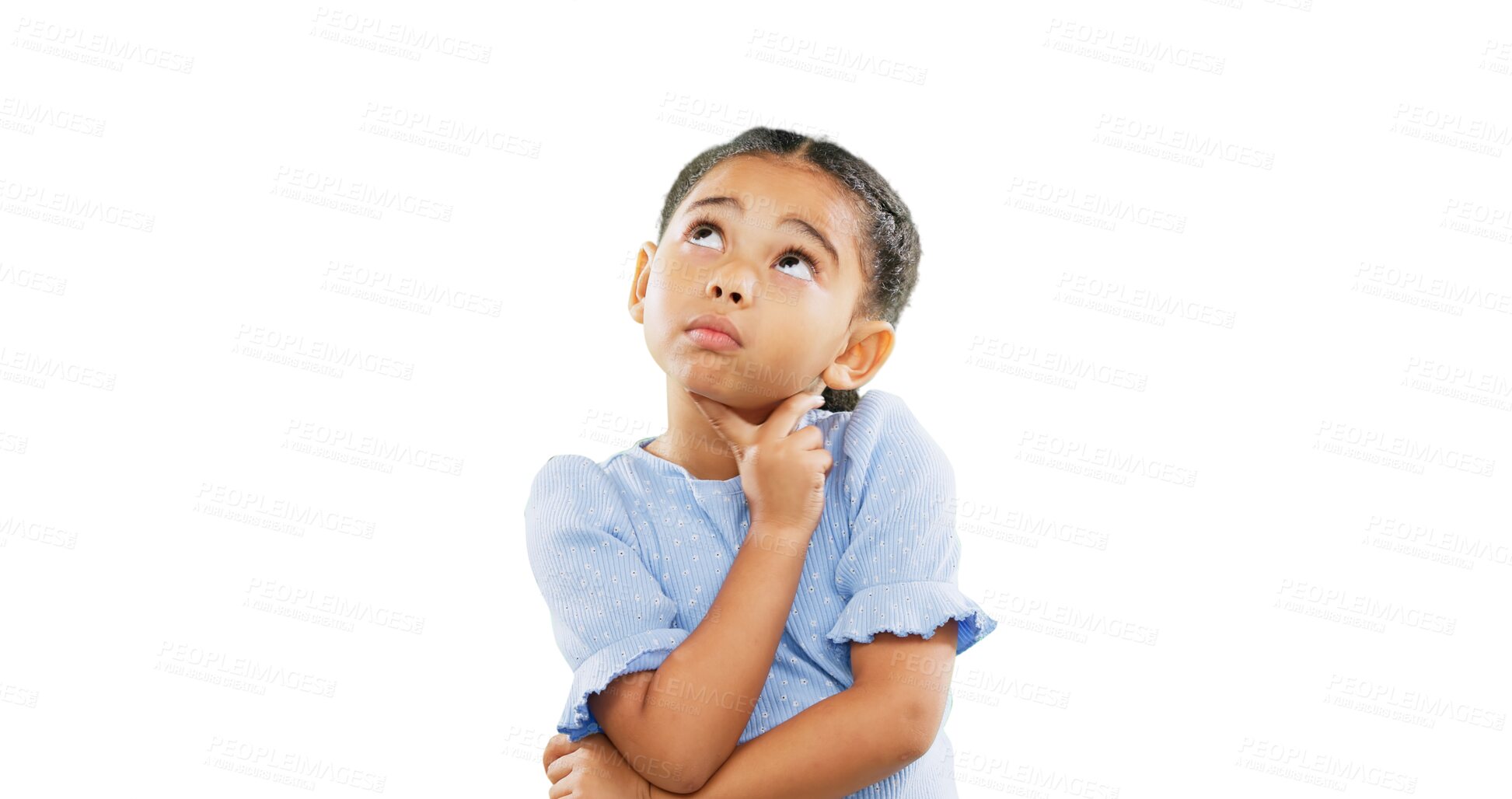 Buy stock photo Girl, kid and thinking about future, dream and inspiration with questions isolated on png transparent background. Young female kid, FAQ and ideas, why and thoughtful with decision and solution