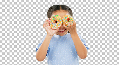 Buy stock photo Donuts on eyes, smile and girl child with cake over face for comedy, goofy and playful isolated on png transparent background. Funny, food and dessert with young female kid,  sugar snack and sweets