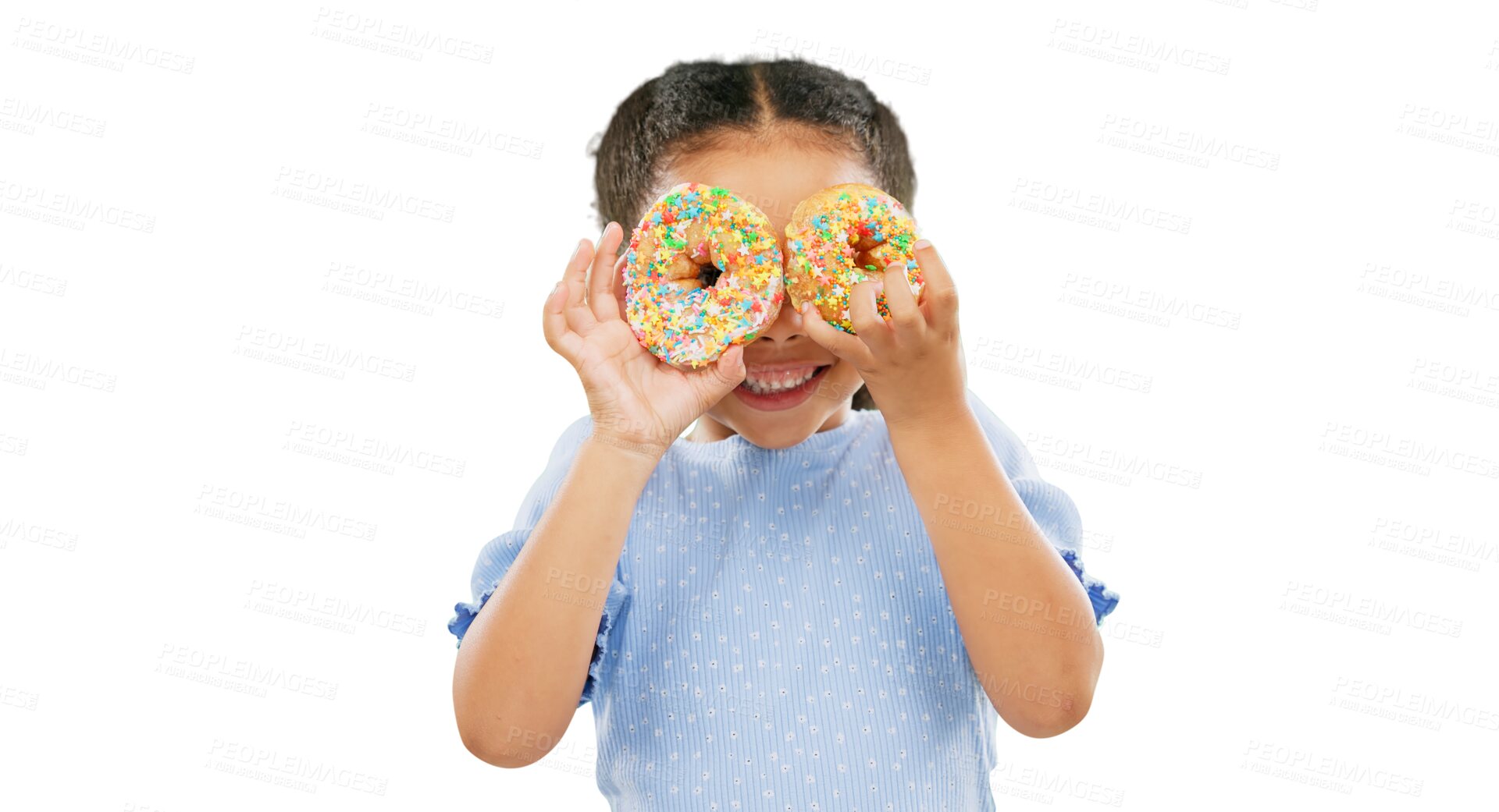 Buy stock photo Donuts on eyes, smile and girl child with cake over face for comedy, goofy and playful isolated on png transparent background. Funny, food and dessert with young female kid,  sugar snack and sweets