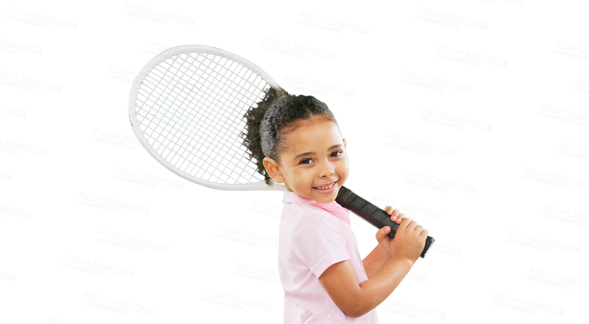 Buy stock photo Child, athlete and kid tennis player ready for training, exercise and workout isolated on a transparent PNG background. Portrait, little girl and cute young person or beginner smile in fitness sports